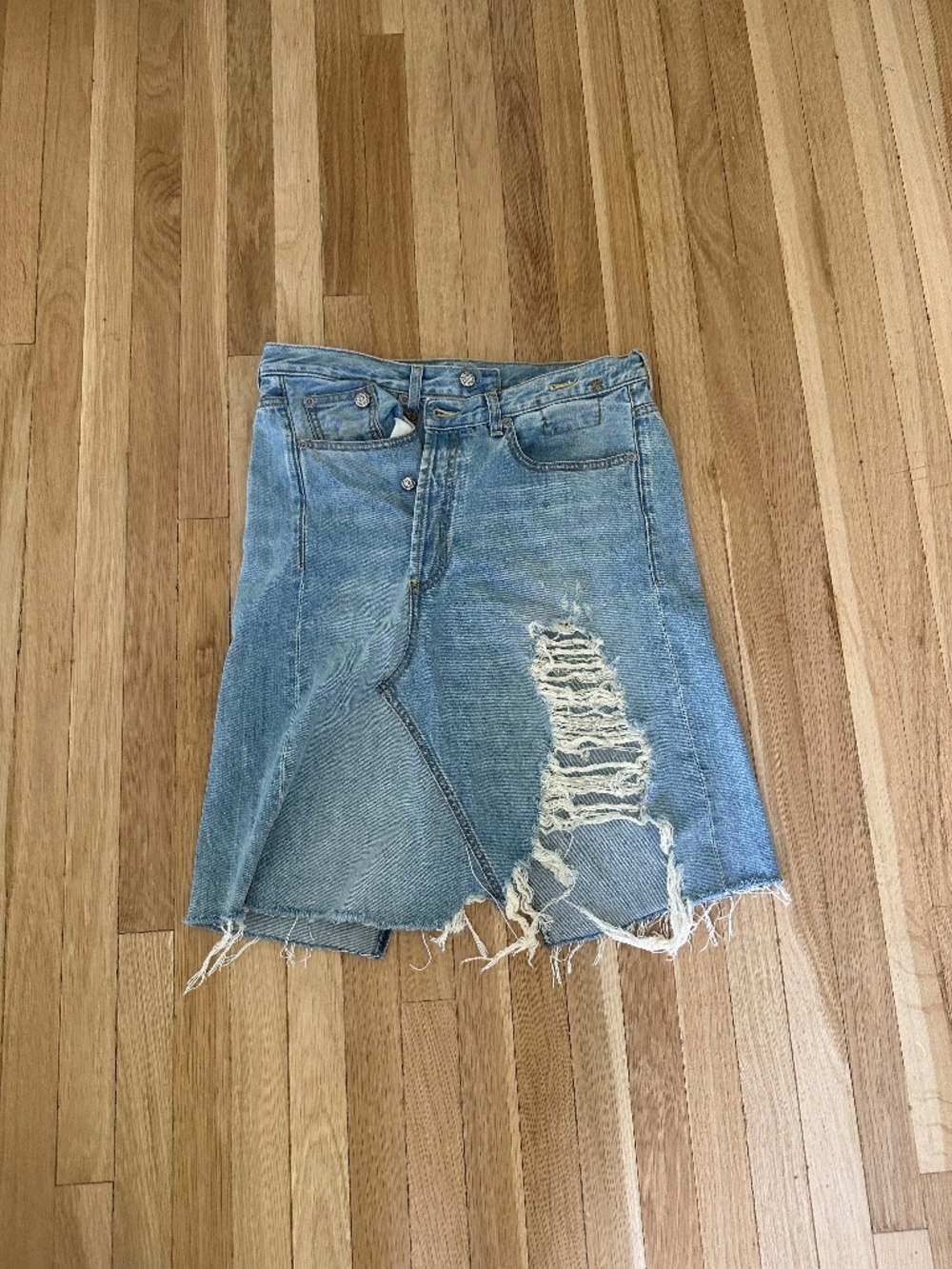 R13 denim assymtrical rippped skirt